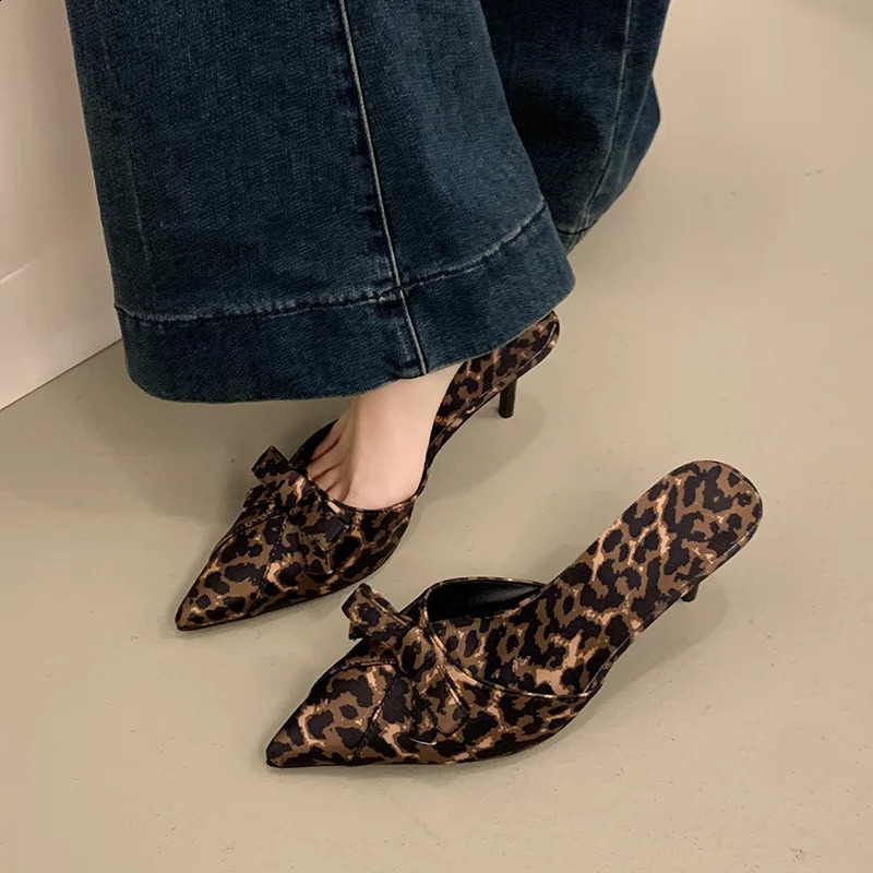 Bow Leopard Pointed Toe Women Sandals High Heels Slippers Party Shoes Summer Pumps Flip Flops Woman Shoes Zapatos 250815