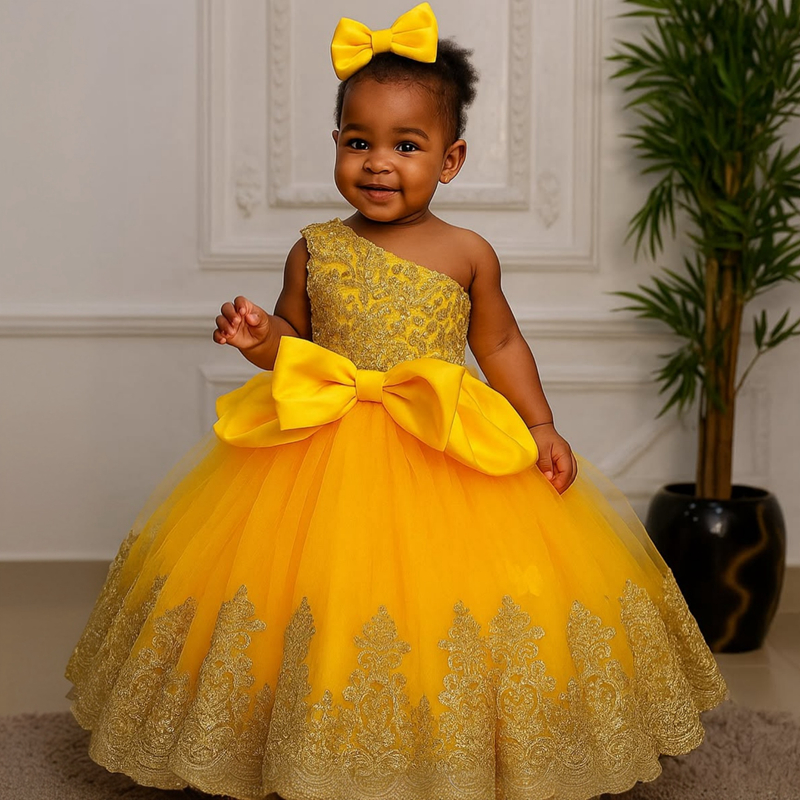 Jaune aso ebi aso ebi fleur fille robes enfants robe d'anniversaire une épaule appliquée en dentelle à plusieurs niveaux