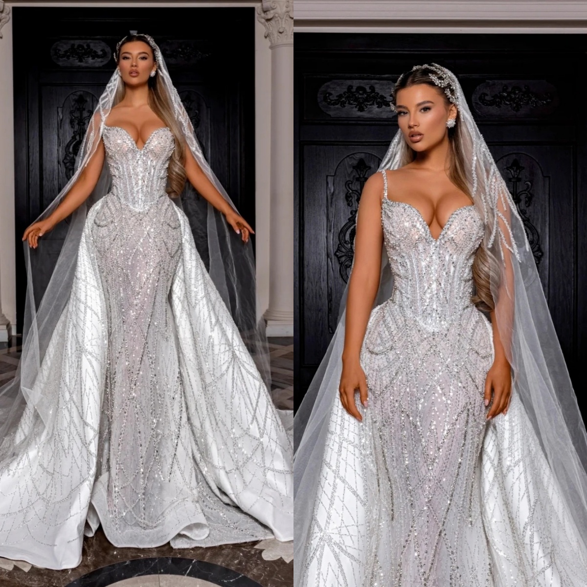 Fashion Sequins Beading Wedding Dresses Spaghetti Straps Bridal Gowns with Overskirts Rhinestone Mermaid Customized Vestidos De Novia Plus Size