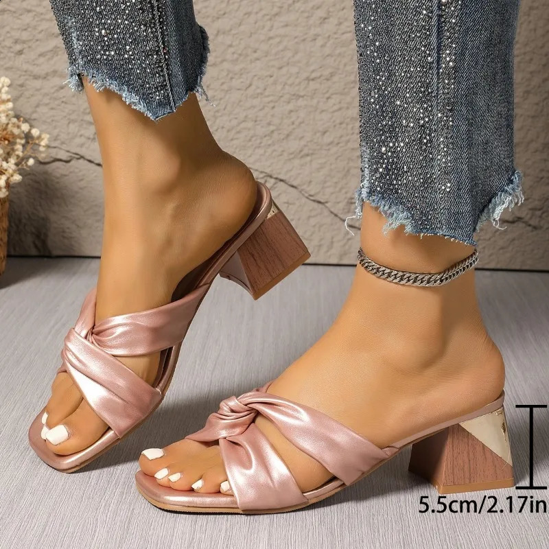 Women Genuine Leather Sandals Mid Heel Shoes Square Toe Pleated Thick Heels Ladies Footwear Summer Apricot Beige 33-43 250814