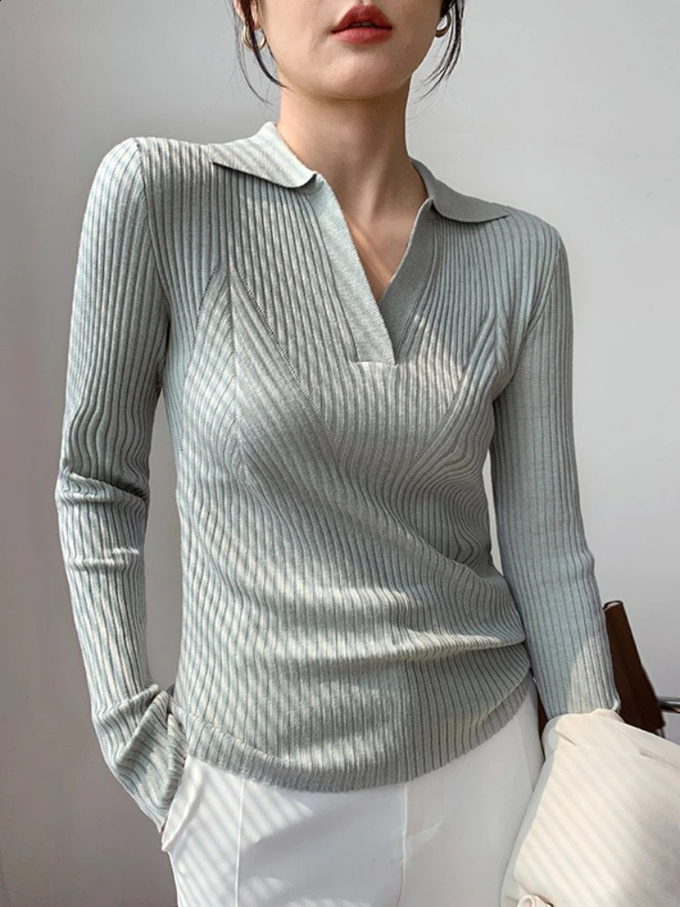 Long Sleeve Slim Elegant Knitted Tops Fashion Polo Collar Pullover Womens Autumn Solid Casual Ribbed Sweaters 250815