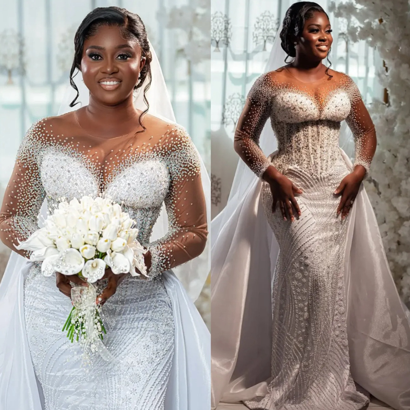 Arabic Aso Ebi Plus Size Ivory Wedding Dress 2025 Mermaid Beaded Crystals Pearls Sheer Neck Long Sleeves Detachable Train Bridal Gowns Dresses Weddi