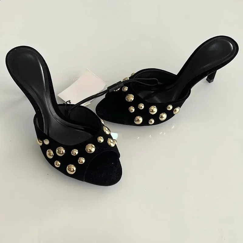 Studded Peep Toe Mules Stiletto Slip On Gold Rivets Decor Classic Sexy Women Summer Sandals Dress Party Daily Casual Single Shoe 250814