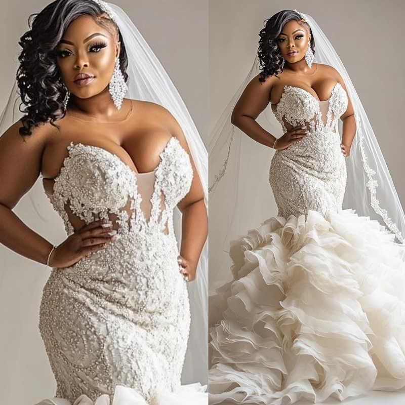 Arabic Aso Ebi Plus Size Ivory Wedding Dress 2025 Mermaid Appliques Beaded Crystals Pearls Tiers Luxurious Bridal Gowns Dresses Rhinestones Wedding