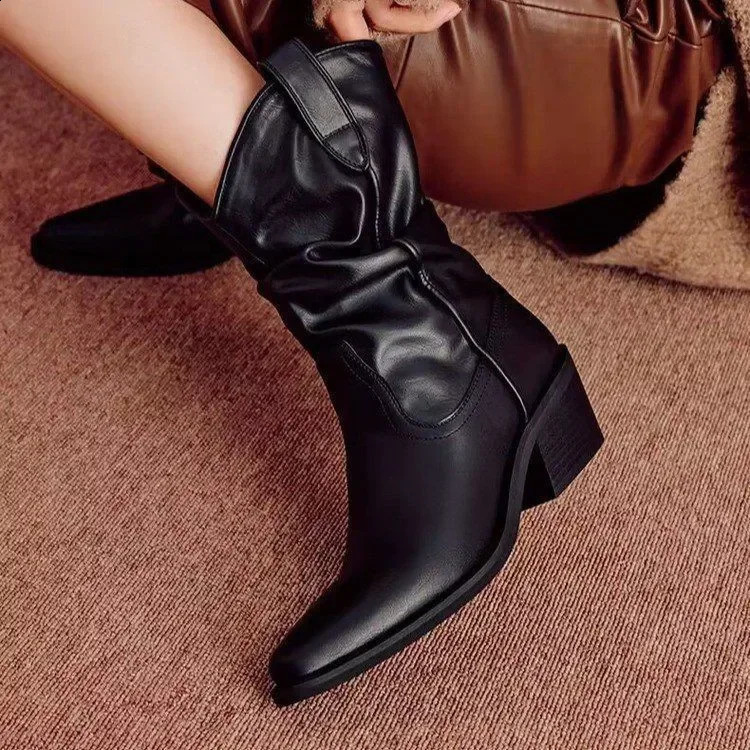 Women Thick Heel Western Boots Women Faux Suede Chunky Heeled Ankle Boots Autumn Sewing Slip on Knight Pointed Botas Mujer 250814