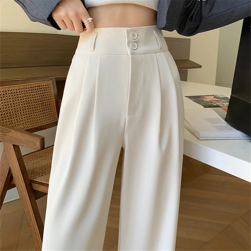 Spring Summer White High Waist Suit Wide Leg Womens Pants Female 2024 Buttons Elegant Minimalism Straight Loose Trousers 250808