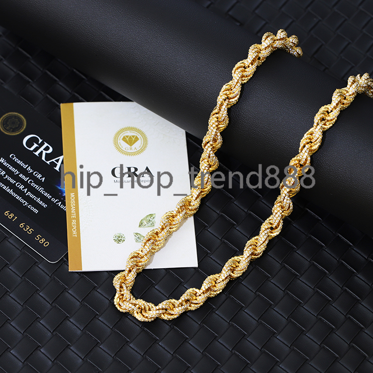 High-end Niche Gold Plated 925 Sterling Silver Hip Hop Rope Necklace Chain Twist 8mm With VVS Moissanite for Men