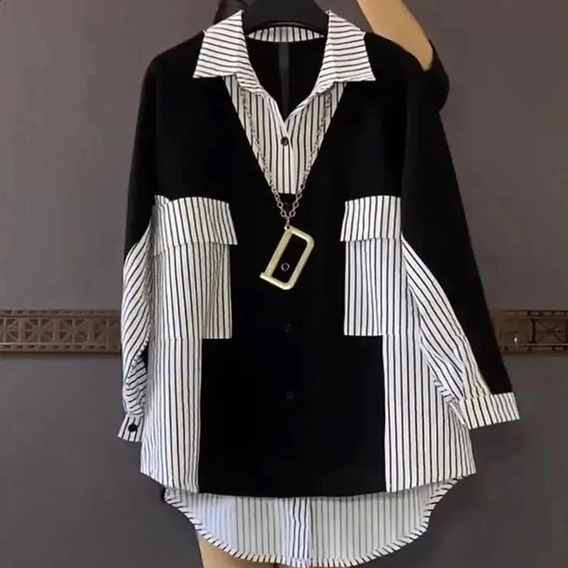 2025 Fashion Korean Striped Patchwork Shirt Female Casual Long Sleeve Loose Singlebreasted Blouse Womens Clothing 250813