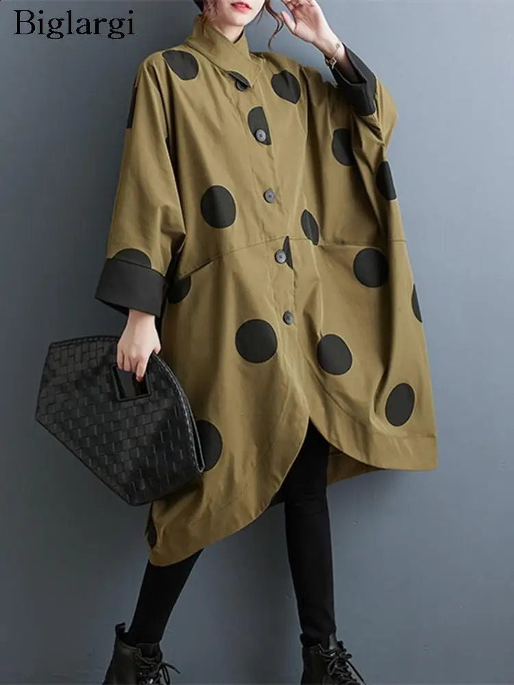 Oversized Polka Dot Trench Coat Women Vintage Autumn Loose Ladies Outwear Casual Coats Fashion Woman Long Jacket 250805