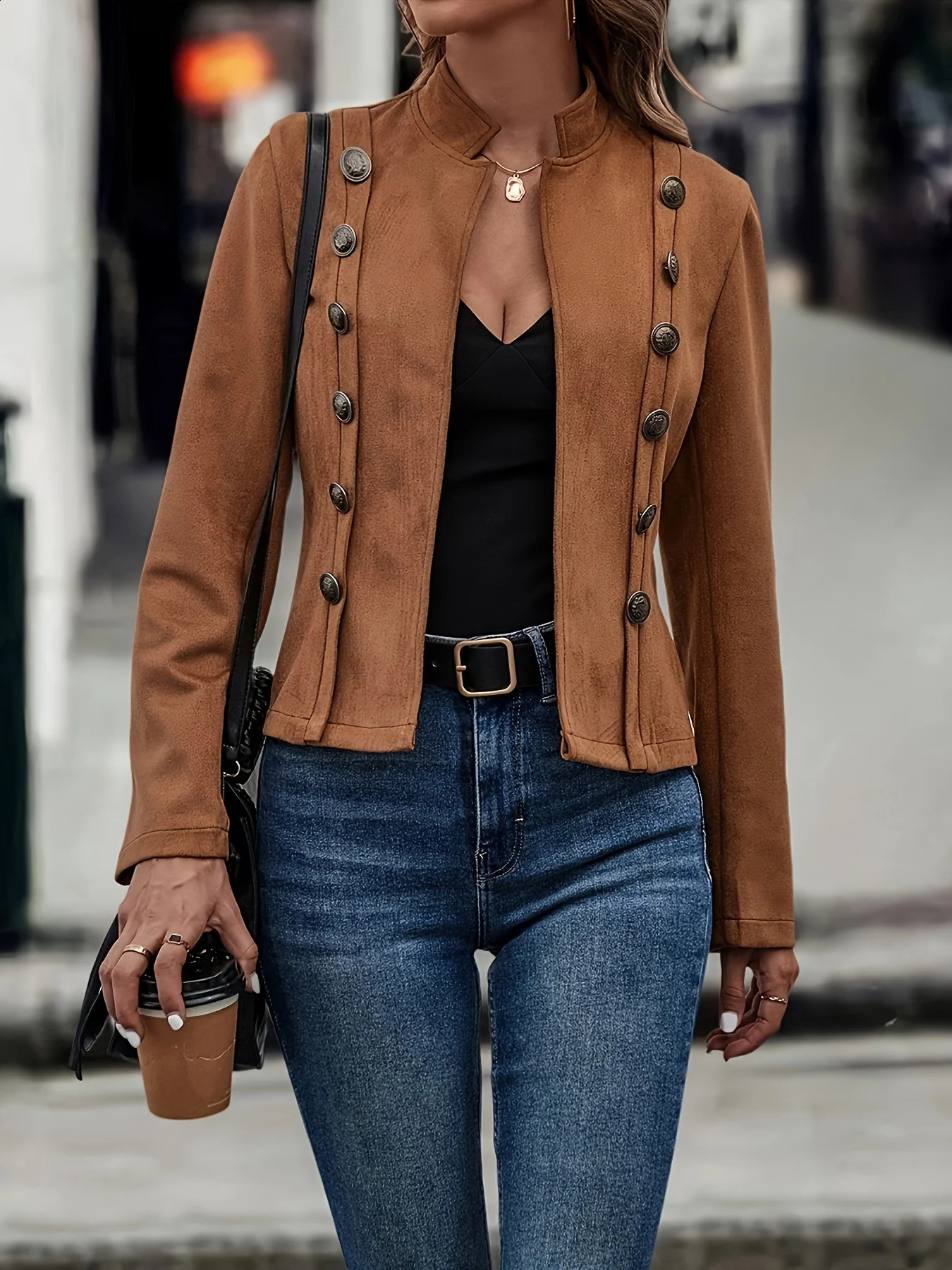 Womens solid color decorative double breasted jacket slim fit and slimming look deer fur velvet retro long sleeved 250815