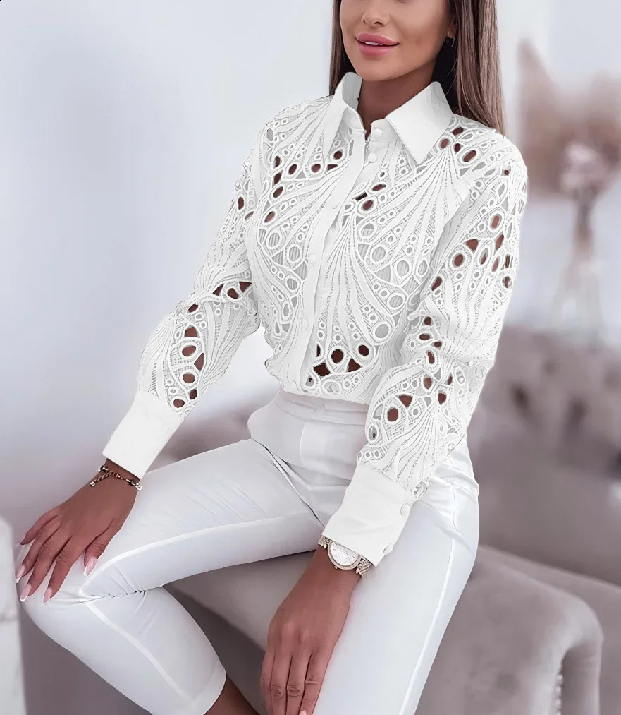 Fashion Lace Hollow Long Sleeve Shirt For Women Spring Autumn Elegant Office Lady BlouseCasual Button ShirtsTops 250814