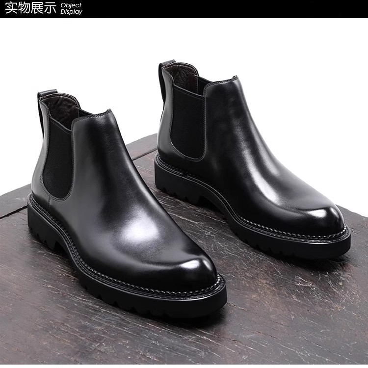 Men's high-top leather boots, made of genuine leather, featuring thick soles, European style, pull-on design, loafers