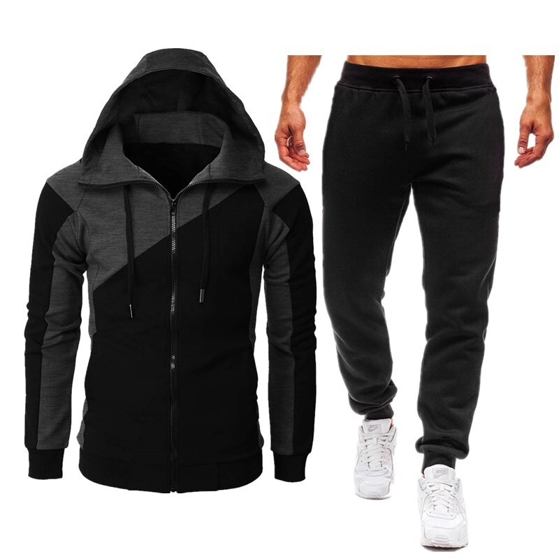 2025 Autumn Winter Two-tone Patchwork Jacket Sleeve Long Pants Hooded Casual Sports hoodie Men's Set