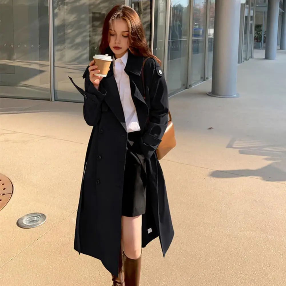 Fall Spring Women Jacket Turndown Collar Doublebreasted Overcoat With Belt Midcalf Length Solid Color OL Commuting Coat 250805