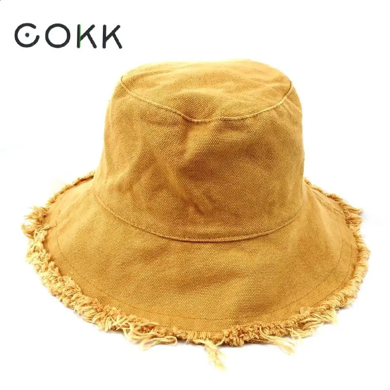COKK Bucket Hat Women Men Summer Fishing Hats Girls Casual Fishermen Cap Washed Denim Tassel Brim Kpop Hip Hop Bucket Hat Female 250815