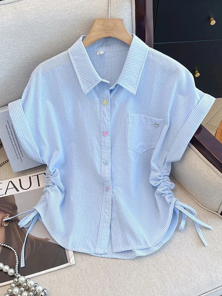 Zoki Cute Striped Shirt Women Loose Short Sleeve Vintage Korean Blouse Casual Summer Colors Buttons Shirring Preppy Style Tops 250813
