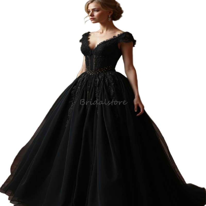 Magnifique robe de bal gothique noire avec manche en perle à manche V Neck en dentelle Robe de soirée élégante une ligne tulle fête formelle Vest