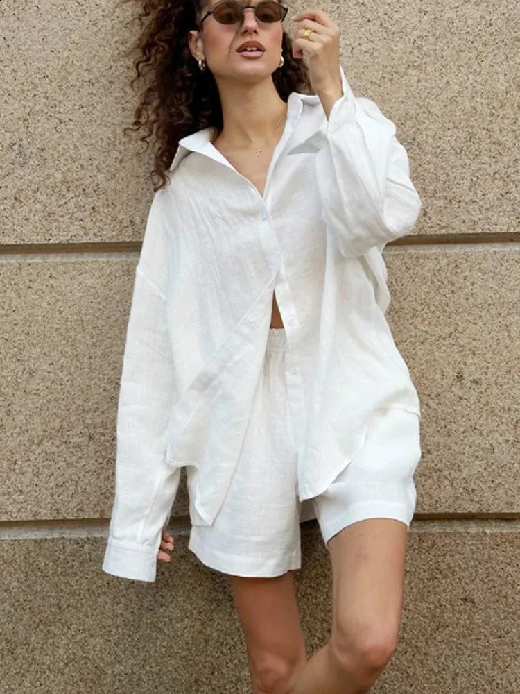 FSMG Fashion Solid Cotton Linen Shorts Set Casual Loose Buttons Long Sleeves Shirt Elastic Waist Outfit Lady Chic 250815