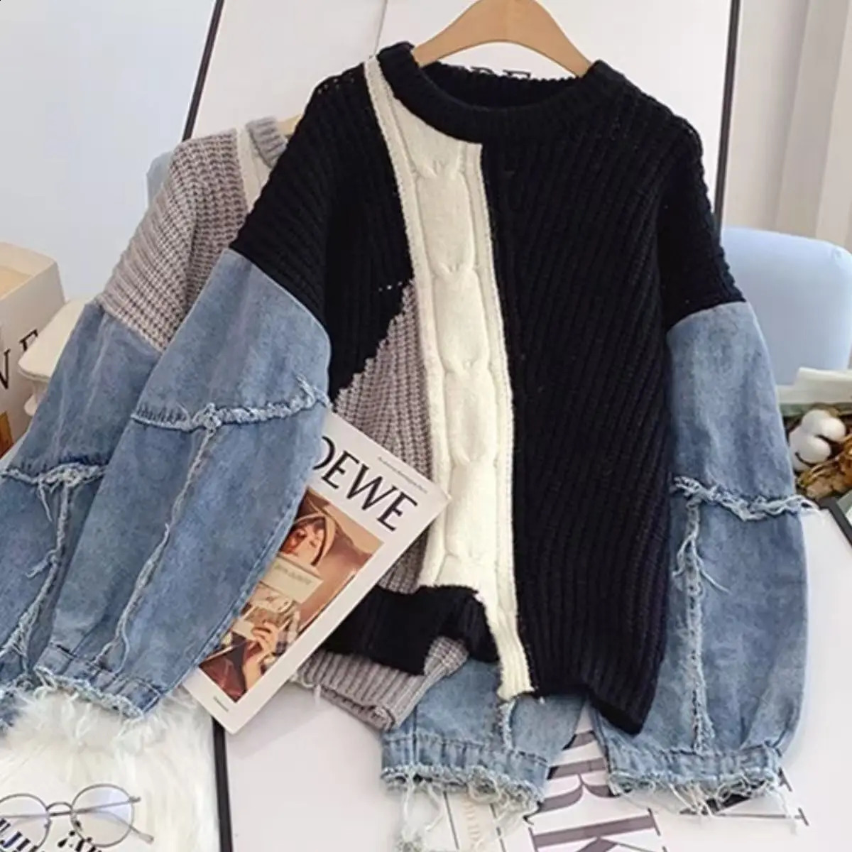Fashion Denim Splicing Sweater Women Spring Autumn High Street Pullover Top Loose Long Sleeved Oneck Knit Outwear Coat 250815