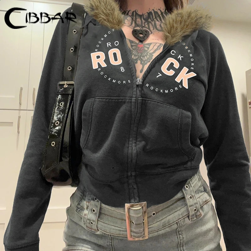 CIBBAR Grey Zip Up Hoodies Harajuku Letter Print Cropped Hoodie Women Autumn Winter Furry Collar Hooded Sweatshirts y2k Vintage 250815