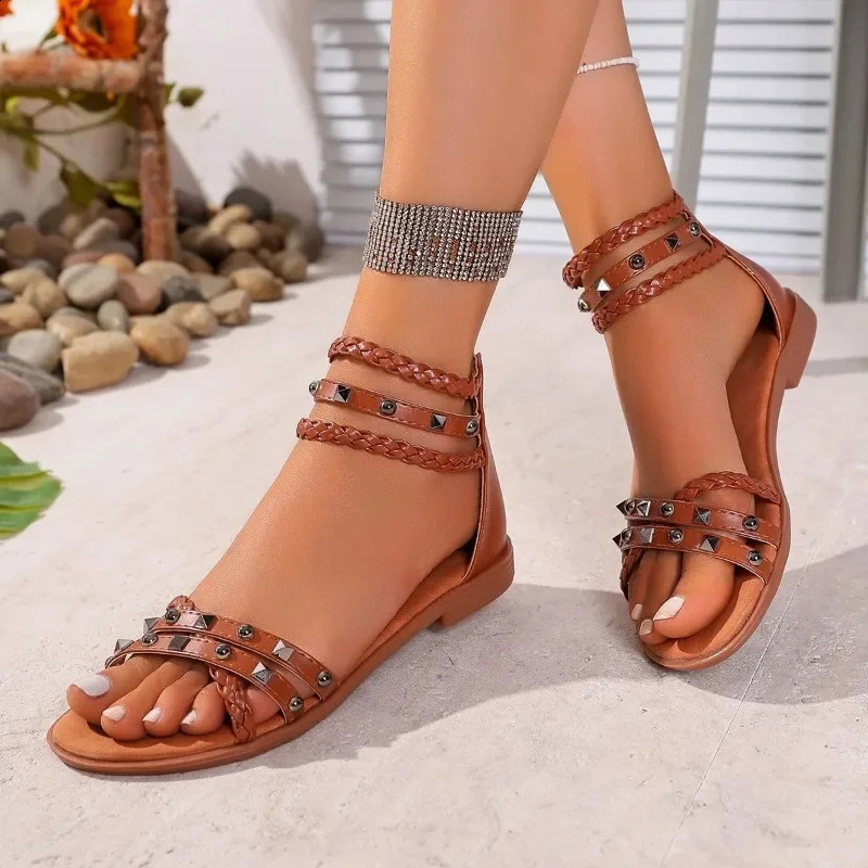 Summer Round Head Willow Nail Roman Sandals Foreign Trade Large Size Womens Comfortable Cross-Border Sandals Fashion 250814