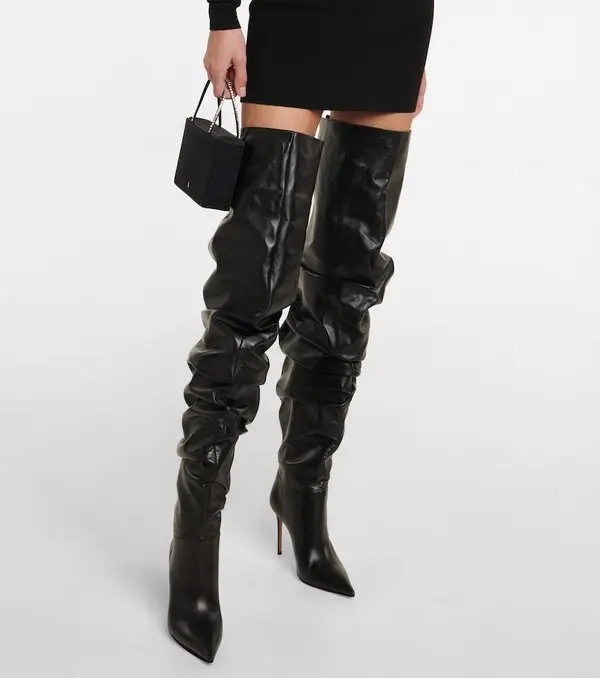 Luxury Designer Genuine Leather Shoes Brown Pointed Toe Pleated Stiletto Thigh-High Boots Woman Winter Blue Over-Knee Sexy Suede Pile Boots Shoes fo