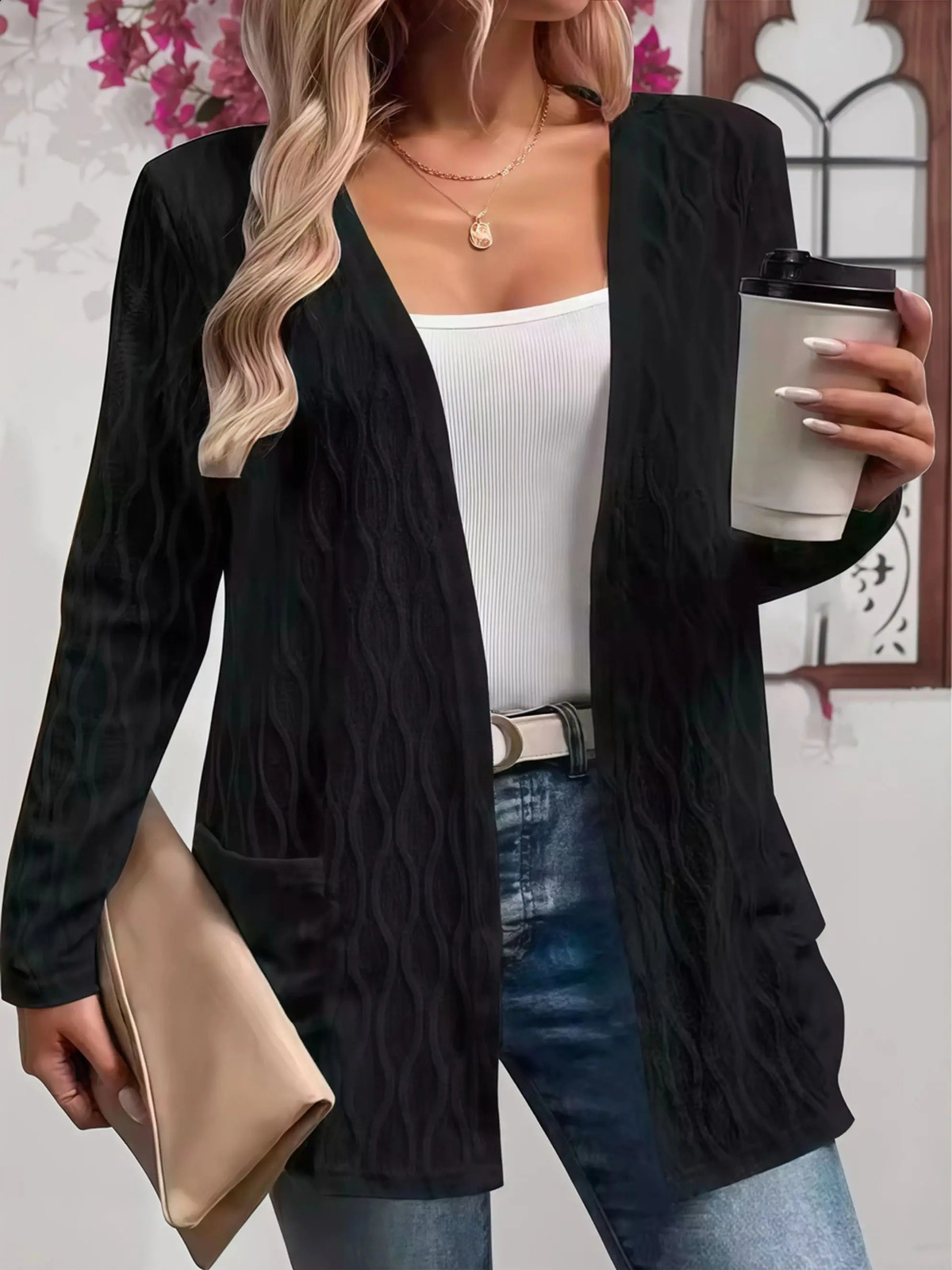 Cardigan d'automne confortable pour les femmes décontractées élégant en tissu texturé solide poche avant Femmes ouvertes Couverture lâche 250815
