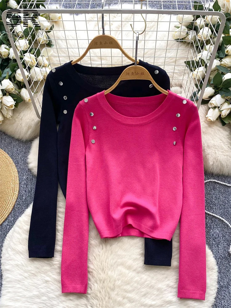 SINGREINY Autumn Basics Womens Sweater Female Long Sleeve O Neck Button Senior Solid Chic Casual Slim Knitted Pullovers 250811