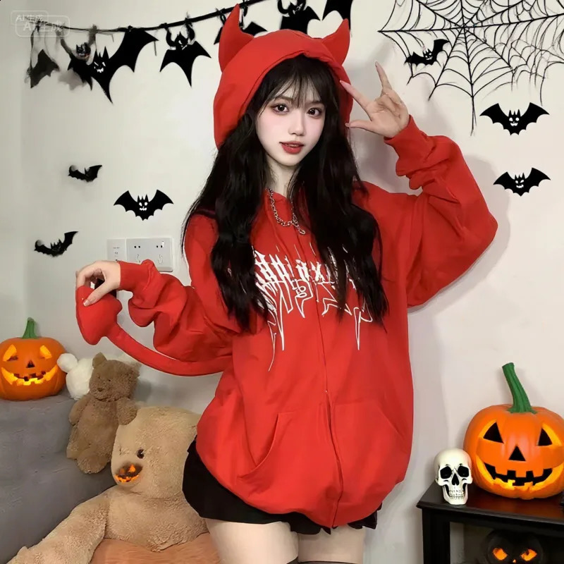 Autumn Harajuku Hoodies Women Gothic Devil Horn Hooded Sweatshirt Halloween Cos Clothes Detachable Tail ZipUp Outwear 250815