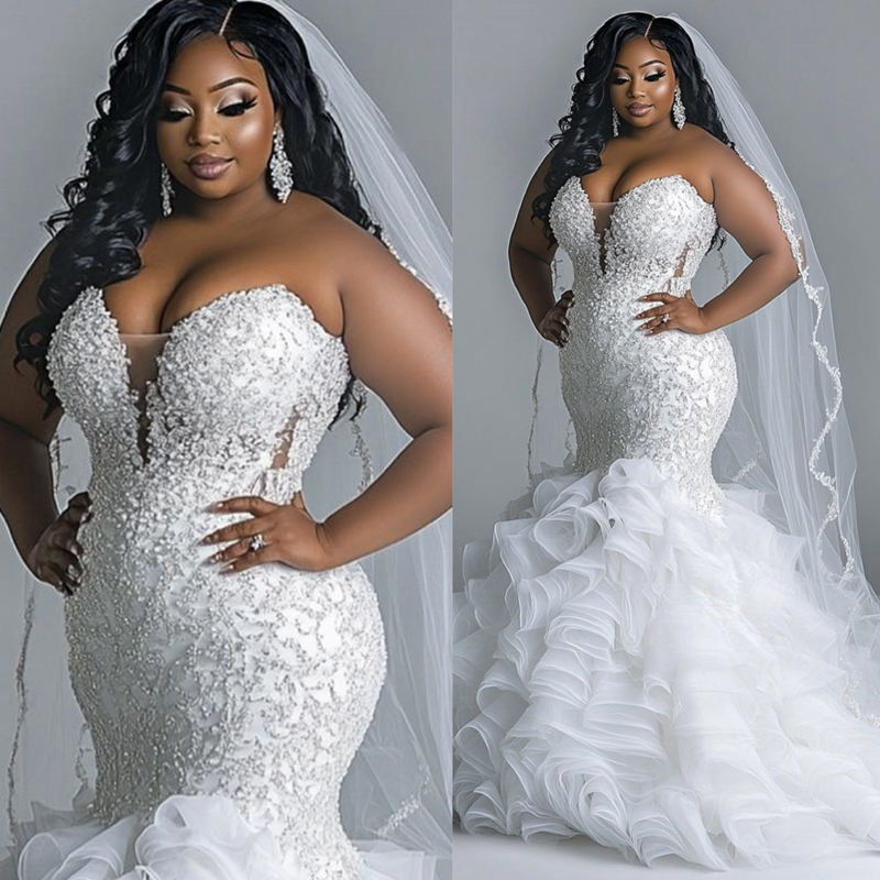 Arabic Aso Ebi Plus Size Ivory Wedding Dress 2025 Mermaid Appliques Beaded Crystals Pearls Tiers Luxurious Bridal Gowns Dresses Rhinestones Wedding