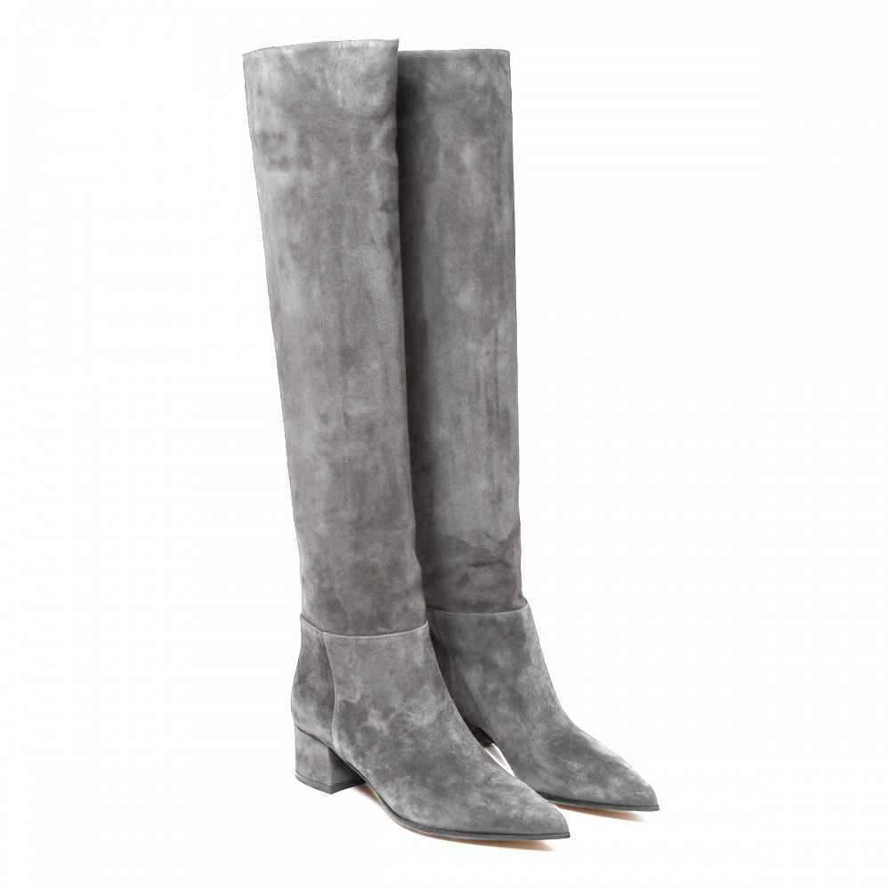 Luxury Designer Genuine Leather Shoes Women Brown Beige Green Suede Frosted Pointed Toe Block Heel Pleated Knee High Boots Female Solid Long Boots