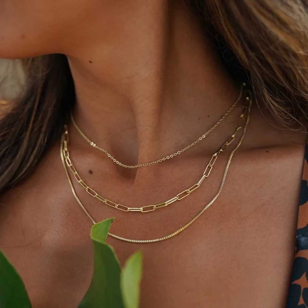 18K Gold Plated Paperclip Box Chain Layered Necklace Stainless Steel Link Chain Triple Layer Necklace for Girls XJ250816