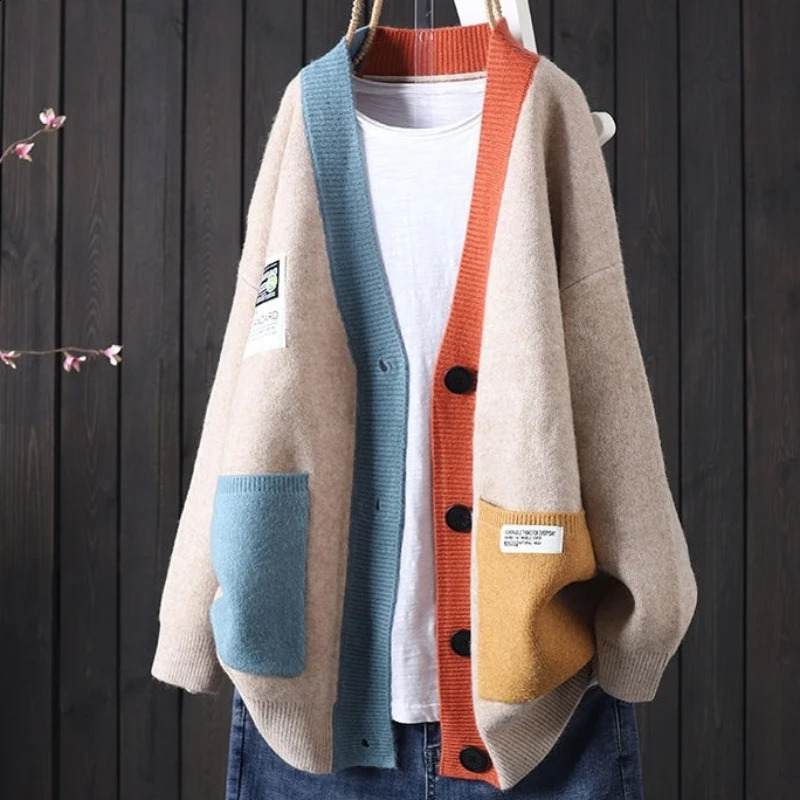 Women Sweaters V Neck Long Sleeved Cardigan Jumpers Knit Patchwork Loose Sweater Thick Spliced Elegant Outwear Pockets 250815