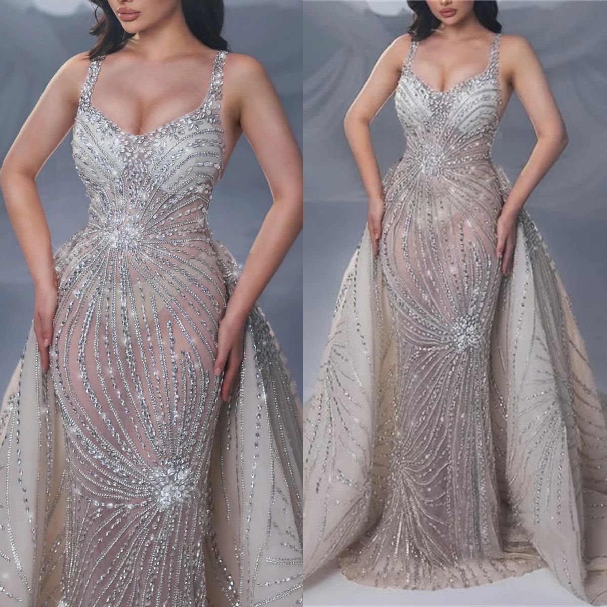 Robes de mariée en cristal de luxe Spaghetti STAPS BRIDAL ROBES AVEC LA TRAIN DÉCHAPITABLE Illusion Sirène Vestidos de novia plus novia plus tail