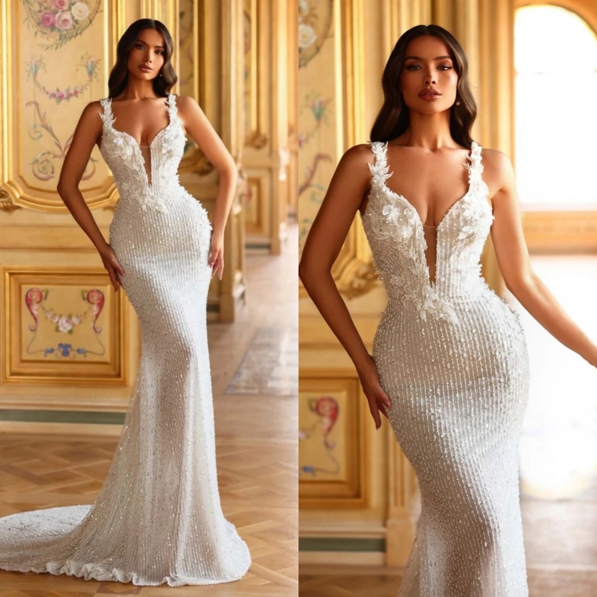 Elegant Wedding Dresses Spaghetti Straps Bridal Gowns Sequins Sleeveless 3D Flowers Mermaid Customized Vestidos De Novia Plus Size
