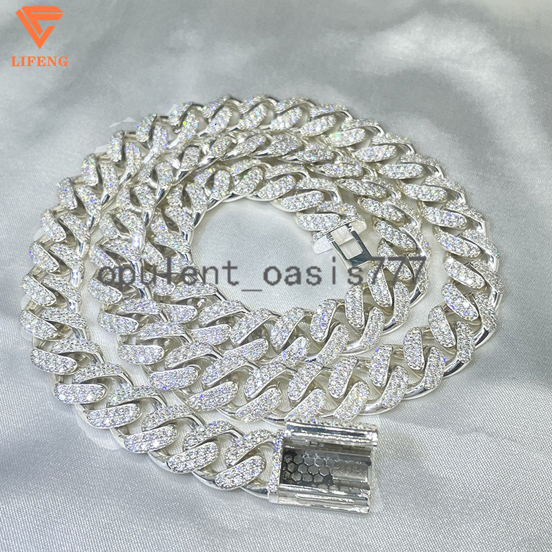 Lifeng Jewelry Hiphop Cuban Link Chain 10mm Round VVS Moissanite Sterling Silver Men Women Diamond Necklace