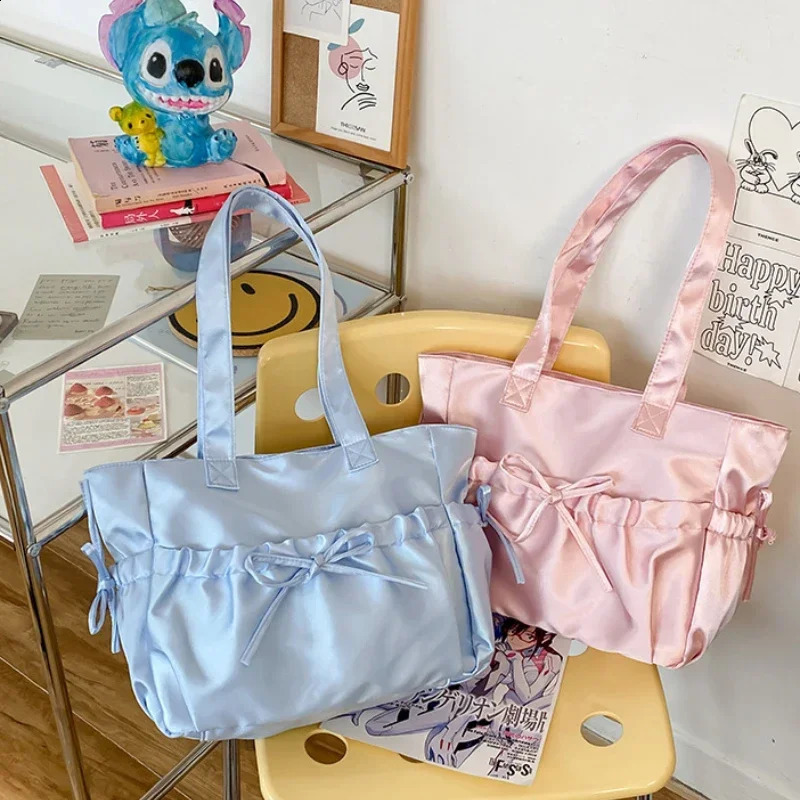Elegant Bow Womens Shoulder Bag Nylon Pleated Korean Style Fashion Tote Bag Large Capacity Cute Pink Sweet Female Handbag 250814
