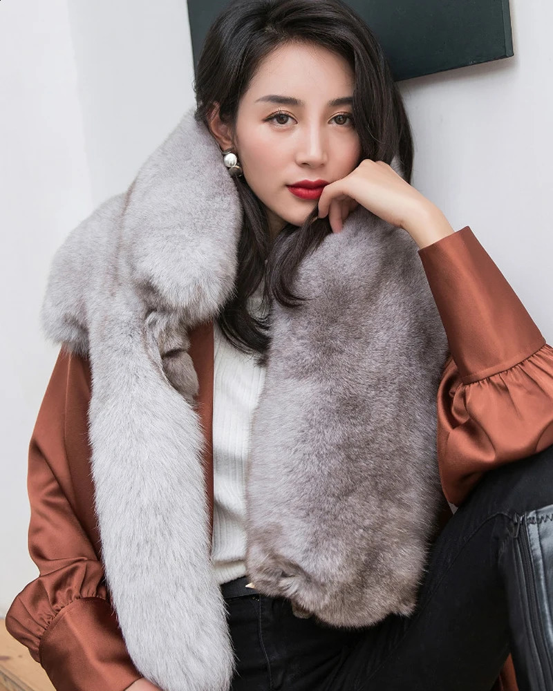 Winter Warm Large Fox Fur Collar Natural Fur Coat Scarves Party Women Men Jackets Hood Shawl Decor Female Neck Scarf Wraps 250811