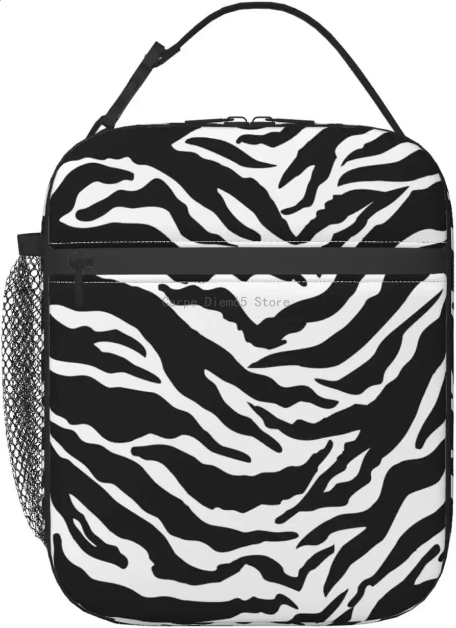 Zebra Leopard Print Lunch Bags for Women Leakproof Insulated Animal Print Lunch Box Reusable Zipper Black White Cooler Tote Bag 250815
