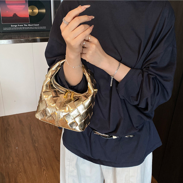 Mini sac à bandoulière pour femme, sac à main de bowling en PU tissé minimaliste – sac à main de dîner à paillettes dorées, doublure en nylon, co