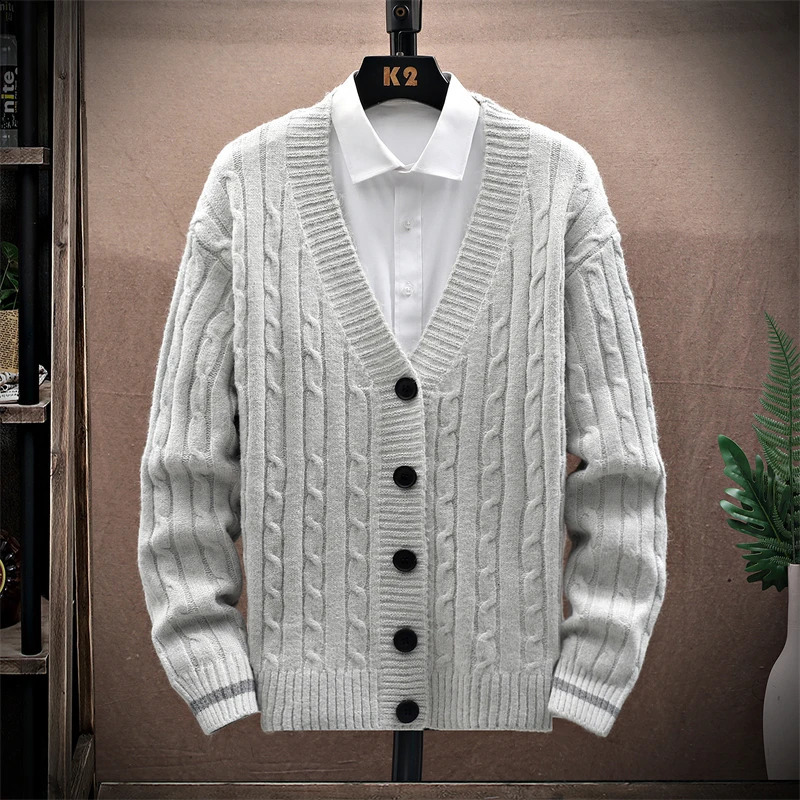 Mens Casual VNeck Cable Knit Cardigan Button Down Sweater Jacket with Contrast Trim Detail Soft and Warm for Winter Casuals 250813
