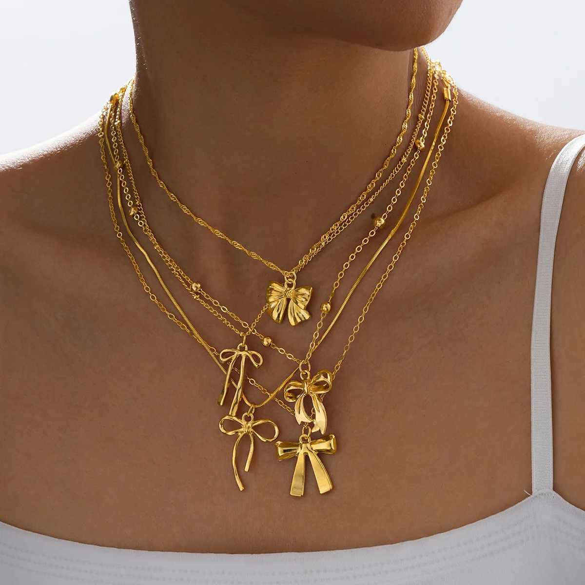5pcs Elegant Cute Bow Pendant Necklace Set for Women Classic Simple Design Bowknot Multi-Layer Necklaces Daily Wear Jewelry Gift XJ250816
