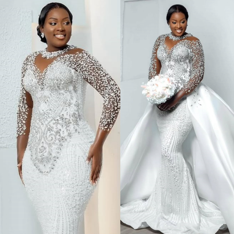 Arabic Aso Ebi Plus Size Ivory Wedding Dress 2025 Mermaid Luxurious Beaded Crystals Pearls Sheer Neck Long Sleeves Detachable Train Bridal Weddin