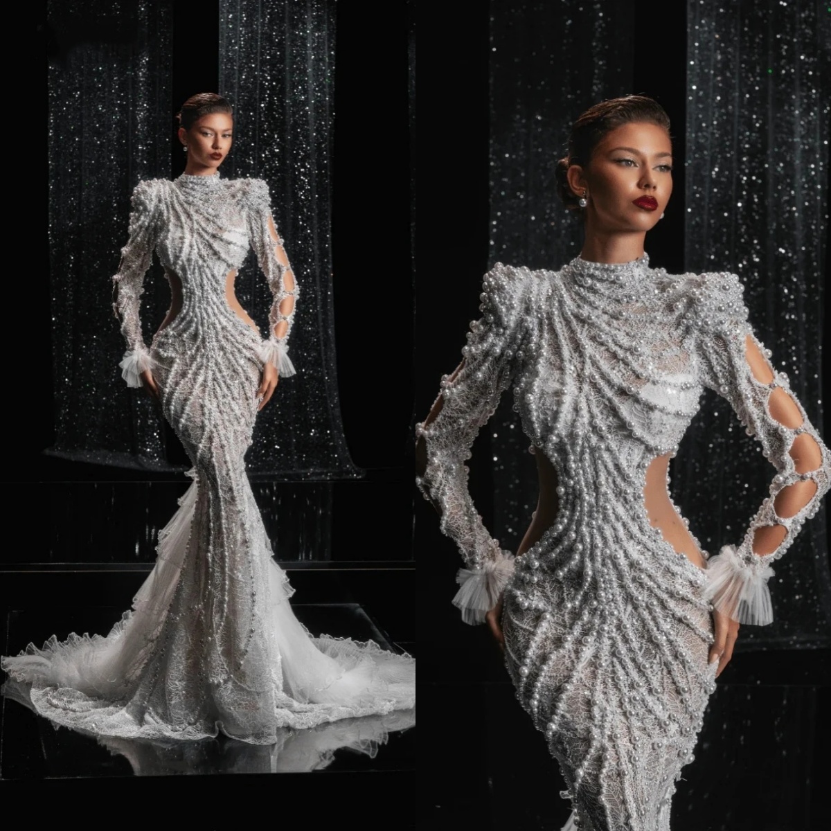 Modern Wedding Dresses Pearls High Neck Bridal Gowns Long Sleeves Lace Sweep Train Mermaid Customized Vestidos De Novia Plus Size