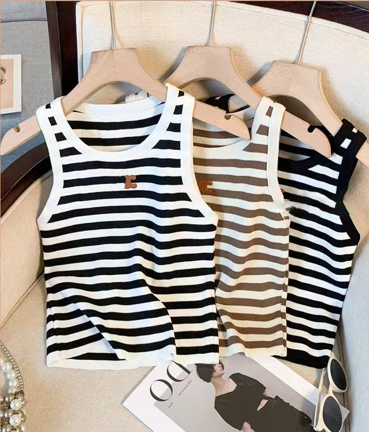 New striped design knitted camisole vest for summer women, slim fit leather label sleeveless base, worn externally to show off slimming top