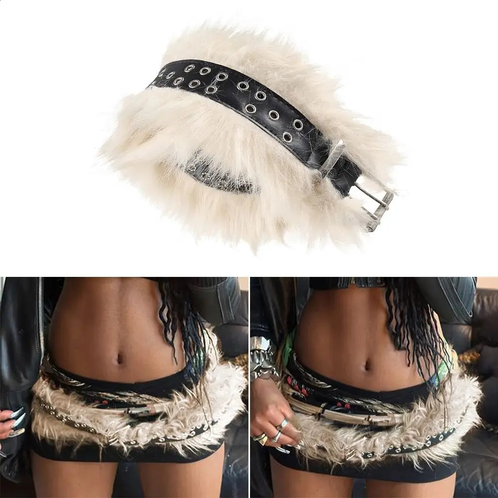Punk PU Leather Fur Belt Y2K Metal Studded Plush Waist Chain Faux Fur Belts Furry Sexy Vintage Waistband Hiphop Jeans Belt250812