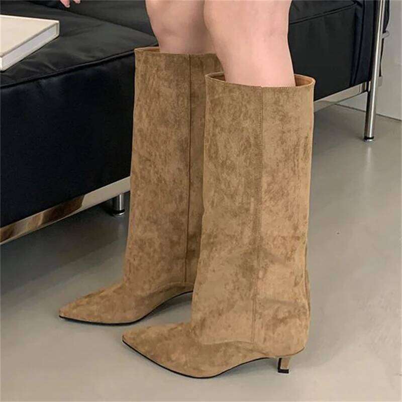 Aneikeh hiver street style pointu pointu les bottes à hauteur de genou femmes femmes talons bas chaussures féminines bottines zapatos de mujer