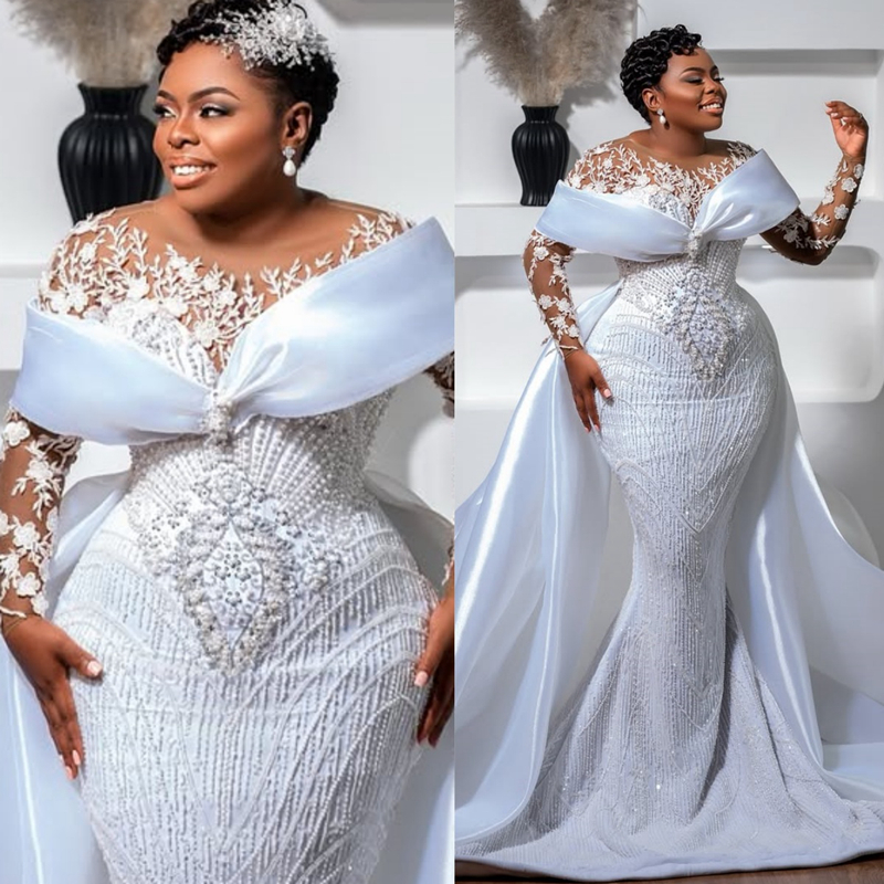 Arabic Aso Ebi Plus Size Ivory Wedding Dress 2025 Mermaid Beaded Crystals Pearls Sheer Neck Lace Bridal Gowns Dresses Detachable Train Wedding Go