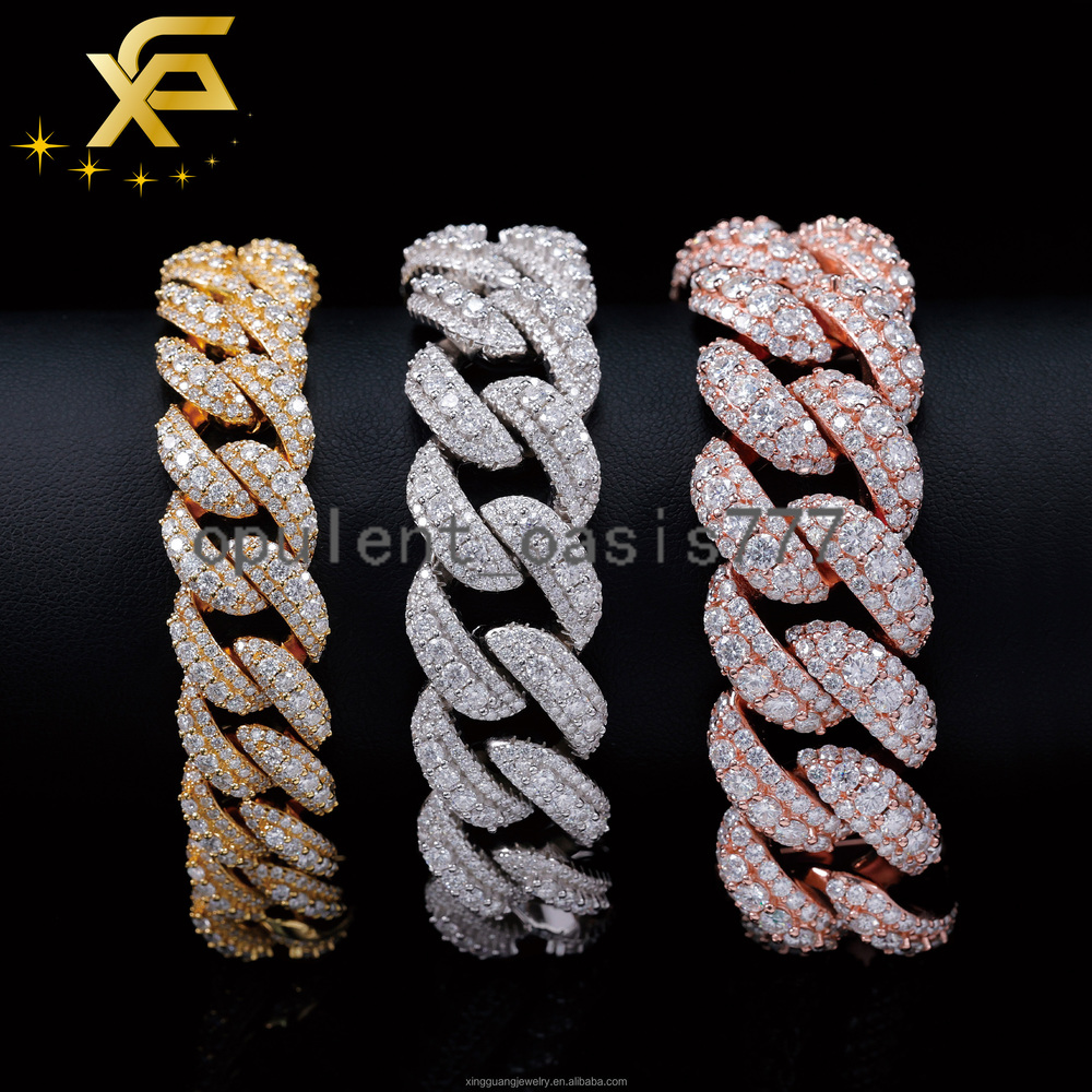 925 Solid Silver Ice Out Round Brilliant Cut Vvs Moissanite Diamond Cuban Link Charm Bracelet Chain with GRA Certificate