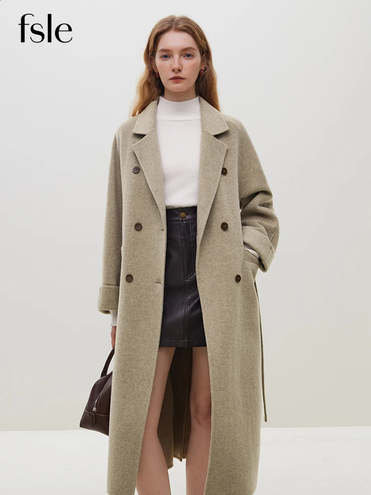 FSLE 100% Wool Black Temperament Long Double Breasted Woolen Jackets 606% 105% Silk Belt n Female Beige Apricot Coat 250815